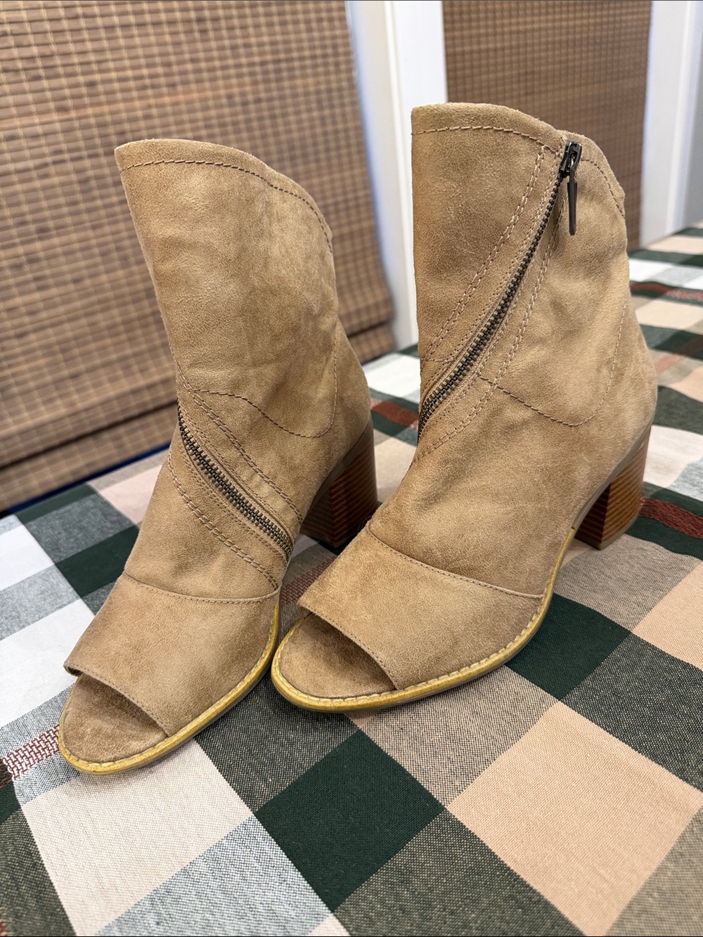 White Mountain Tan Suede Open-Toe Block Heel Ankle Boots